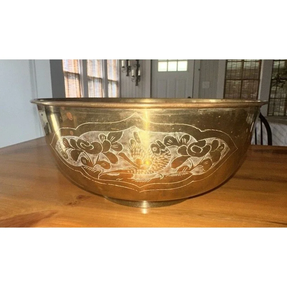 Large Vintage Asian Carved Brass Bowl Engraved Floral Birds